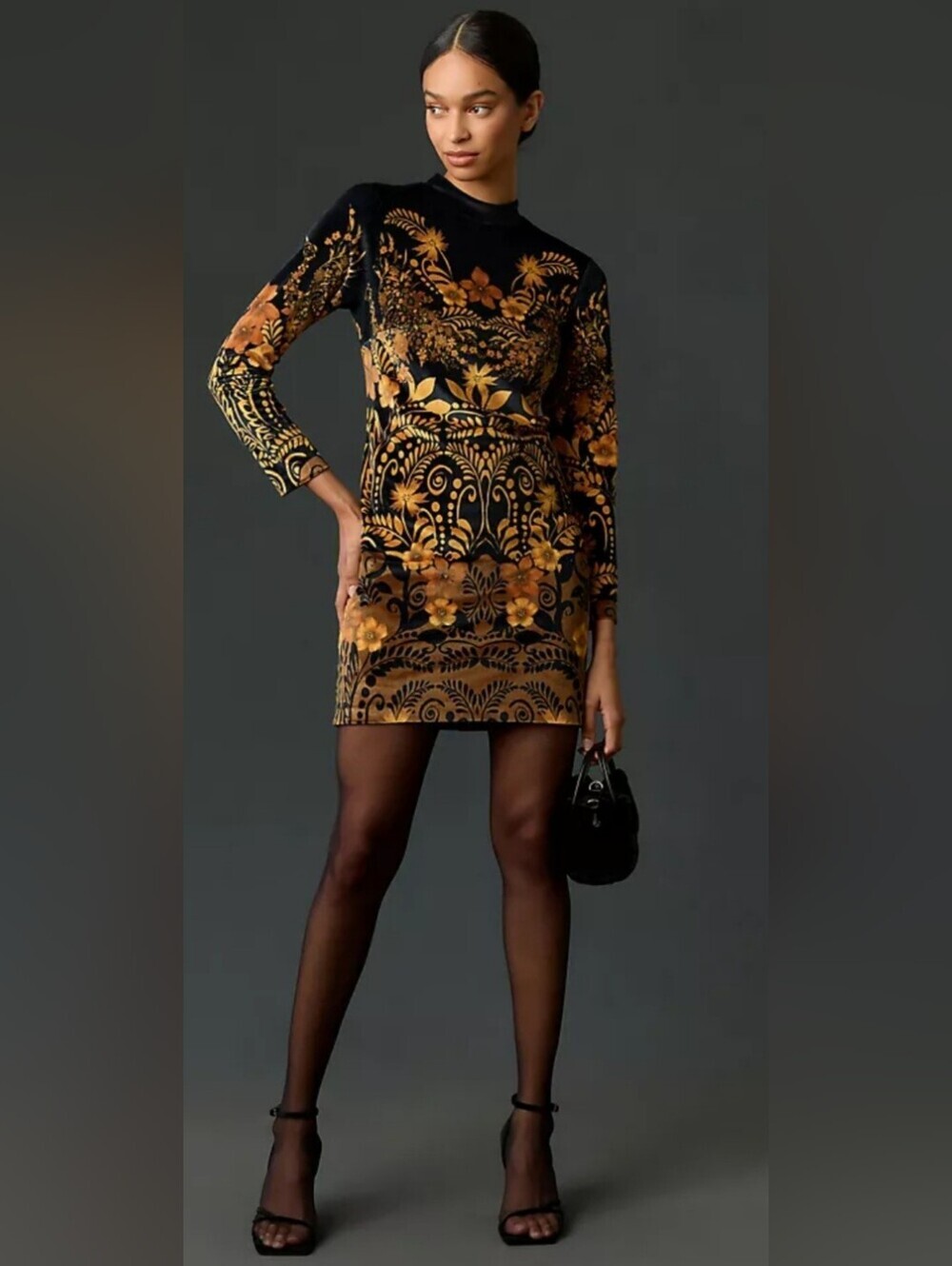 By Anthropologie Long Sleeve Printed Velvet Mini Dress In Black Gold, VGUC, Sz L